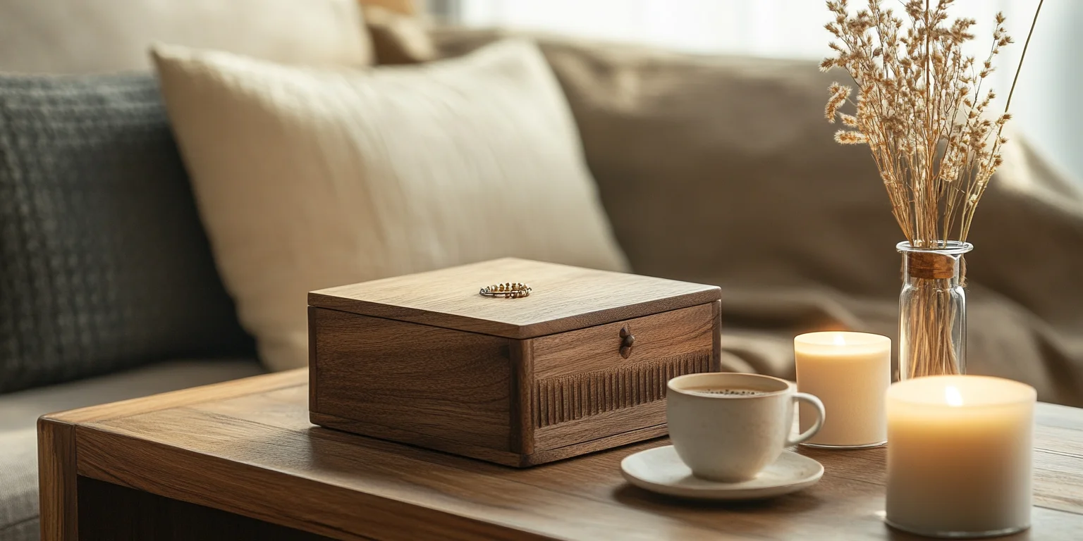 A set of Mordeco hand-carved, high-end carved wood jewelry boxes on display.
